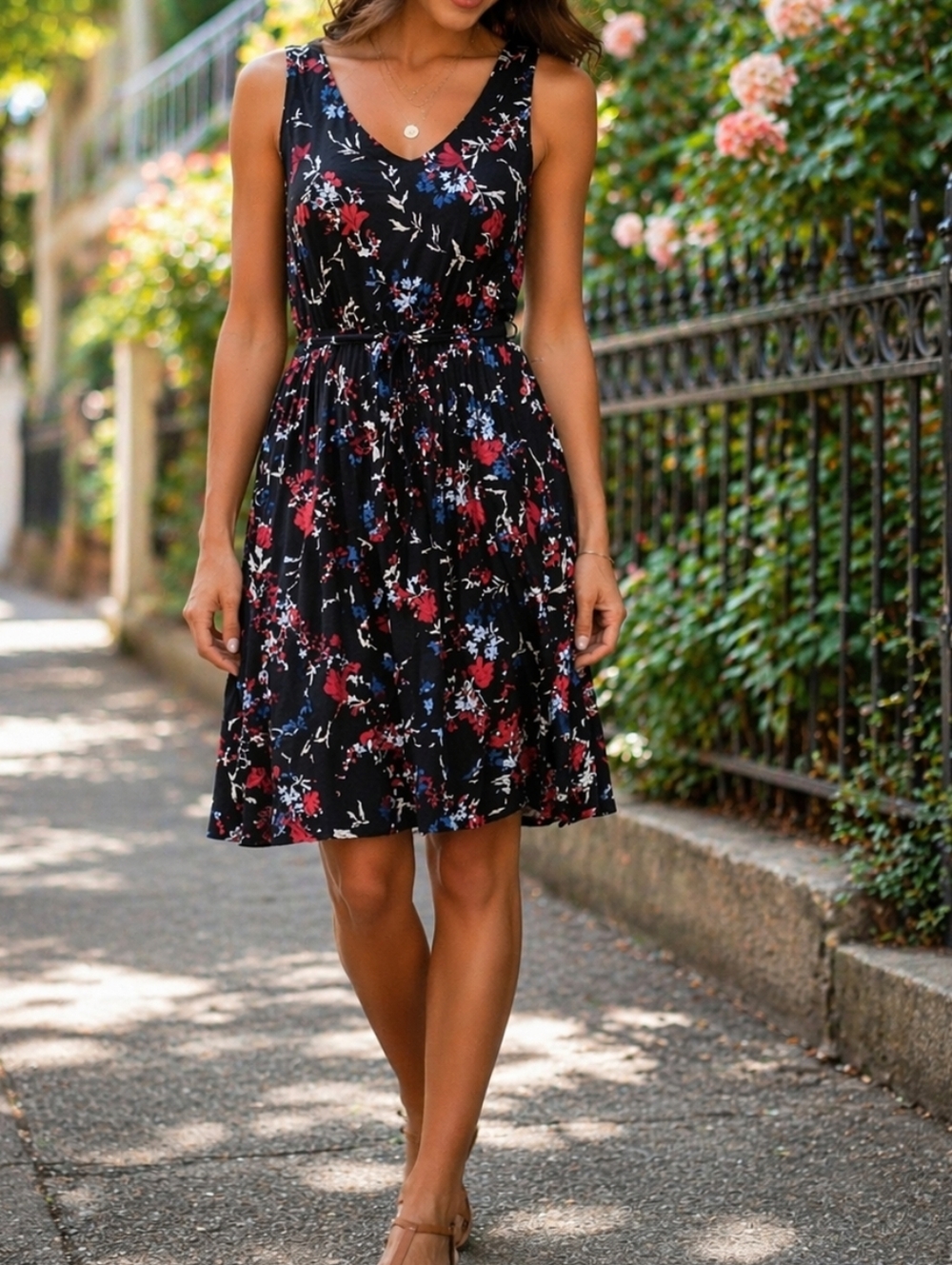 Reitmans Black Floral Belted Stretch Dress | V-Neck Sleeveless Fit & Flare Boho